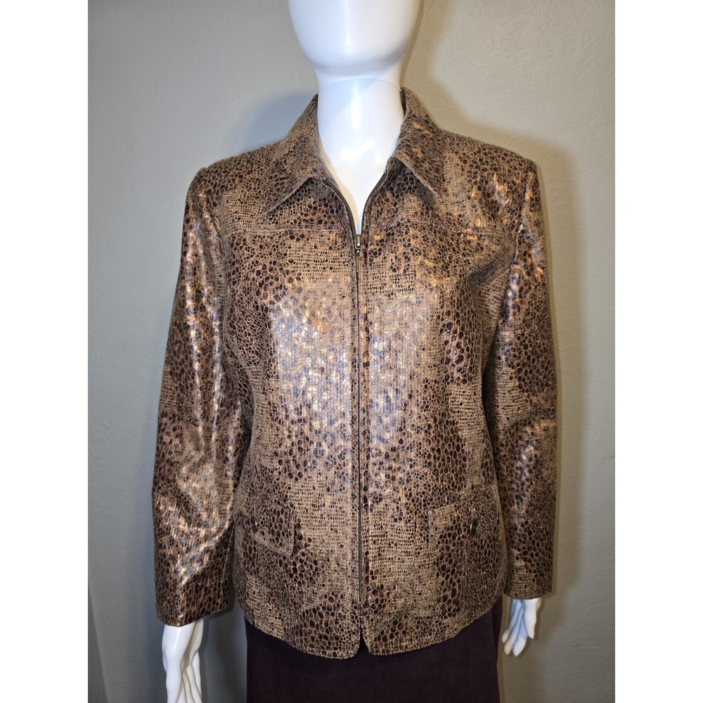 Alfred Dunner Womens Full Zip Brown Animal Leopard Print Snakeskin Jacket Sz 10P